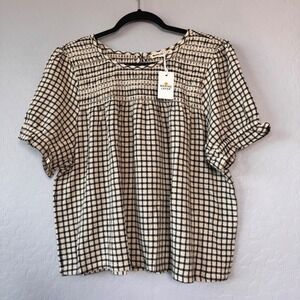 NWT MARINE LAYER Elena Smocked Windowpane Top Extra Large XL Parchment Black
